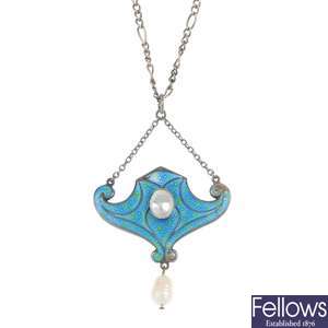 An early 20th century enamel and cultured pearl pendant