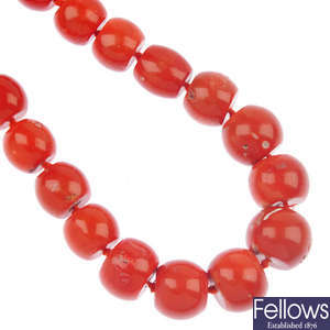 A dyed coral bead necklace.