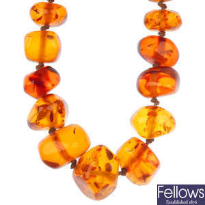 A reconstituted amber bead necklace
