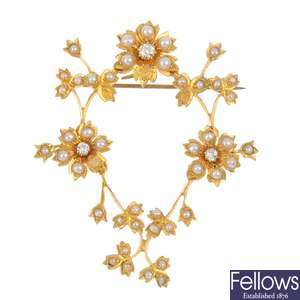 An early 20th century diamond and split pearl floral brooch.