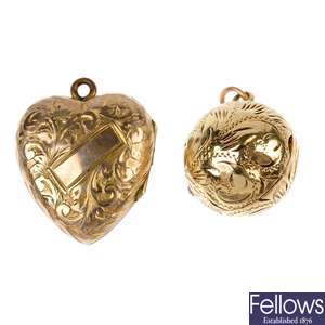 A 9ct gold spherical locket and a heart-shape gold plated locket.