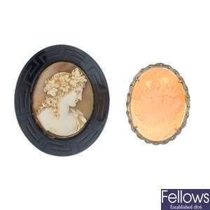Two oval shell cameo brooches.
