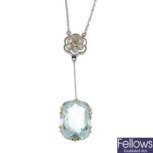 An early 20th century aquamarine and diamond negligee pendant.
