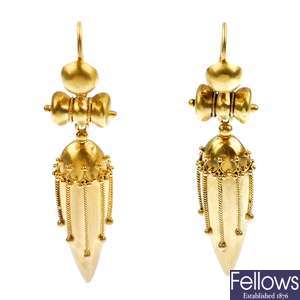 A pair of late Victorian gold ear pendants, circa 1880.