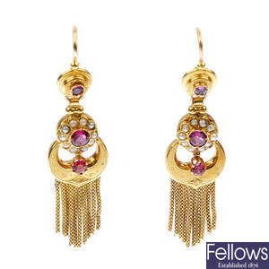 A pair of late 19th century 18ct gold gem-set ear pendants. 