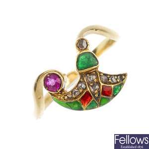 An early 20th century Egyptian Revival 18ct gold, enamel and gem-set ring.