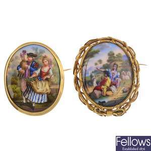 Two late 19th century gold mounted enamel brooches.