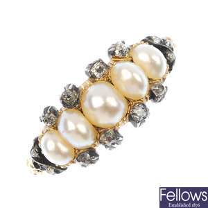 A mid 19th century 15ct gold split pearl and diamond ring.