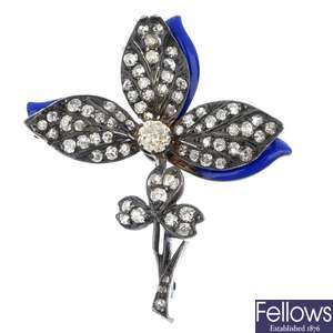 A late 19th century silver and gold, diamond and enamel floral brooch.