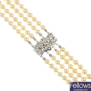 A cultured pearl four-row necklace. 