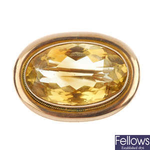 A late 19th century 9ct gold citrine brooch. 