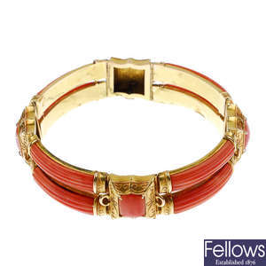 A mid 19th century 9ct gold coral bracelet.