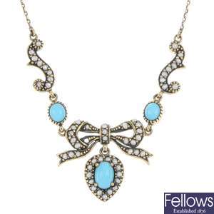 A reconstituted turquoise and seed pearl necklace.