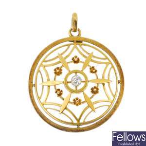 An early 20th century continental 14ct gold diamond pendant