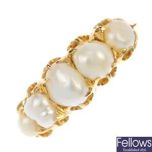 A cultured pearl five-stone ring.