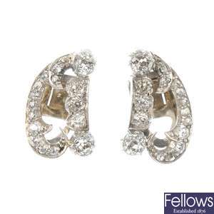 A pair of early 20th century continental diamond ear clips.