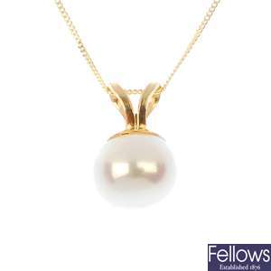 Twelve cultured pearl pendants with chains.
