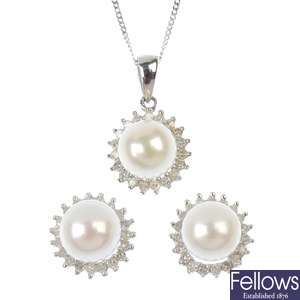A collection of five sets of cultured pearl and diamond jewellery.