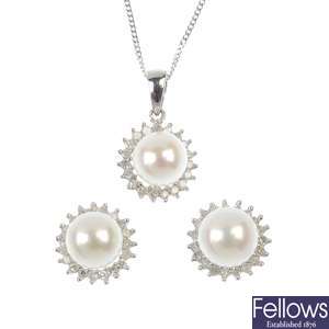 A collection of five sets of cultured pearl and diamond jewellery.