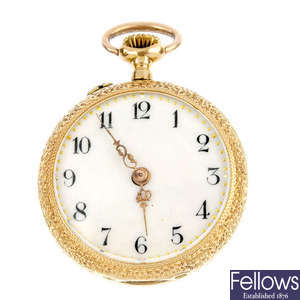 An early 20th century 14ct gold continental enamel fob watch.