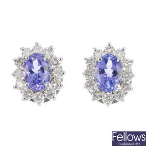 A pair of tanzanite and diamond cluster ear studs. 