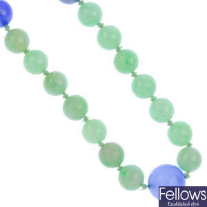 A jade and dyed chalcedony bead necklace.