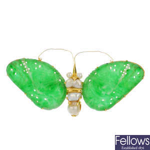 A jade and cultured pearl butterfly brooch.