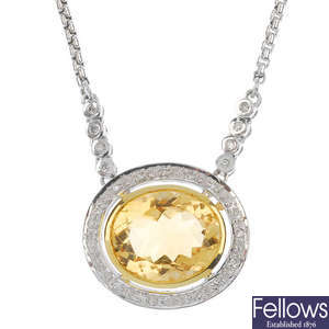 An 18ct gold citrine and diamond cluster necklace.