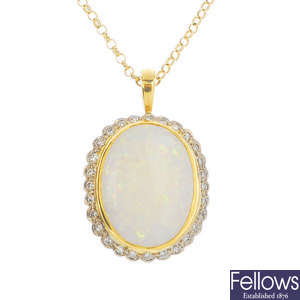 An 18ct gold opal and diamond pendant, with 9ct gold chain.