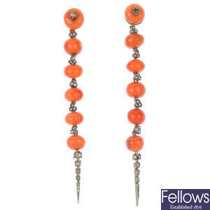 A pair of late 19th century continental coral and diamond ear pendants.