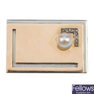 A mid 20th century cultured pearl and diamond brooch. 