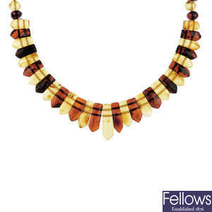 An amber bracelet and necklace.