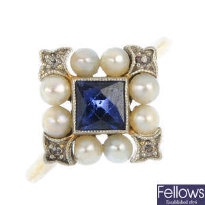 An early 20th century sapphire, seed pearl and diamond cluster ring.