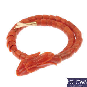 A mid 19th century coral serpent bangle
