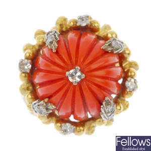 A mid 20th century 18ct gold coral and diamond dress ring. 