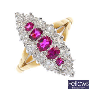 A late 19th century 18ct gold ruby and diamond ring.