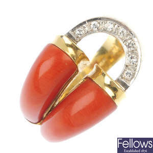 A 1970's 14ct gold coral and diamond ring.