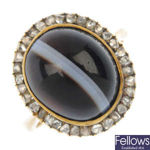 A late 19th century 18ct gold banded agate and diamond cluster ring.