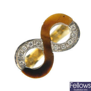 A 1970s 14ct gold tiger's-eye and diamond dress ring.