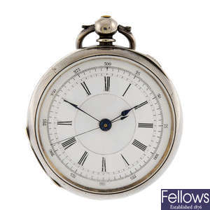 An open face centre seconds pocket watch by J Greatbach together with two watch keys. 