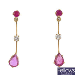 A pair of 18ct gold ruby and diamond ear pendants. 