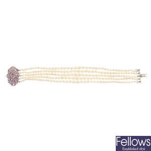A cultured pearl five-row bracelet, with ruby clasp.