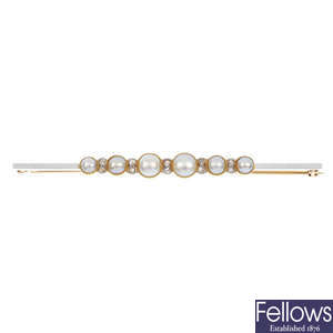 An early 20th century gold split pearl and diamond bar brooch.