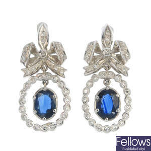 A pair of 18ct gold sapphire and diamond ear pendants.