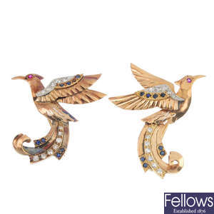 A pair of diamond and gem bird brooches.