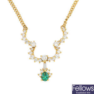 An 18ct gold synthetic emerald and diamond necklace.