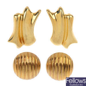 A selection of four pairs of 9ct gold earrings.