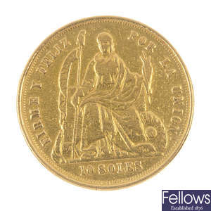 Peru, gold 10-Soles 1863 YB Lima.