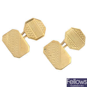 Three pairs of early to mid 20th century 9ct gold cufflinks.
