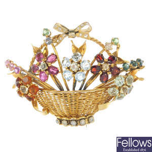 A mid 20th century multi-gem basket brooch.